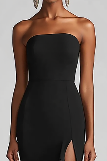 Płaszczowa Długa Sukienka Wizytowa Bez Ramiączek Z Rozcięciem